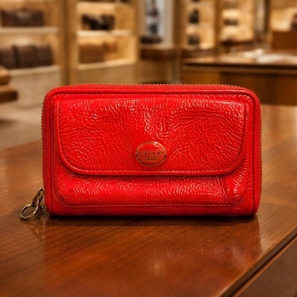 Coach Coral Patent Leather Zip Around Wristlet Wallet